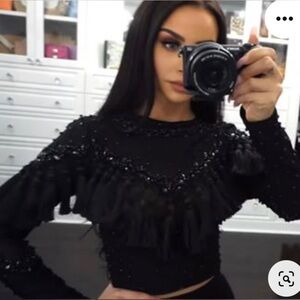 Asos fringe beaded sheer long sleeve top